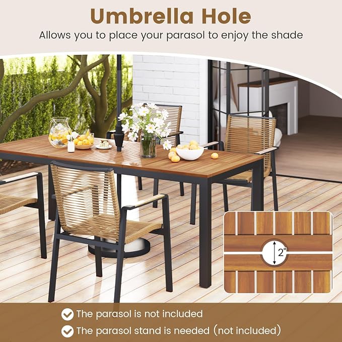 Tangkula 9 Piece Outdoor Dining Set, Outdoor Rectangular Patio Table with Umbrella Hole & Heavy-Duty Metal Frame and 8 Acacia Wood Armchairs, for Porch, Garden, Backyard, Balcony