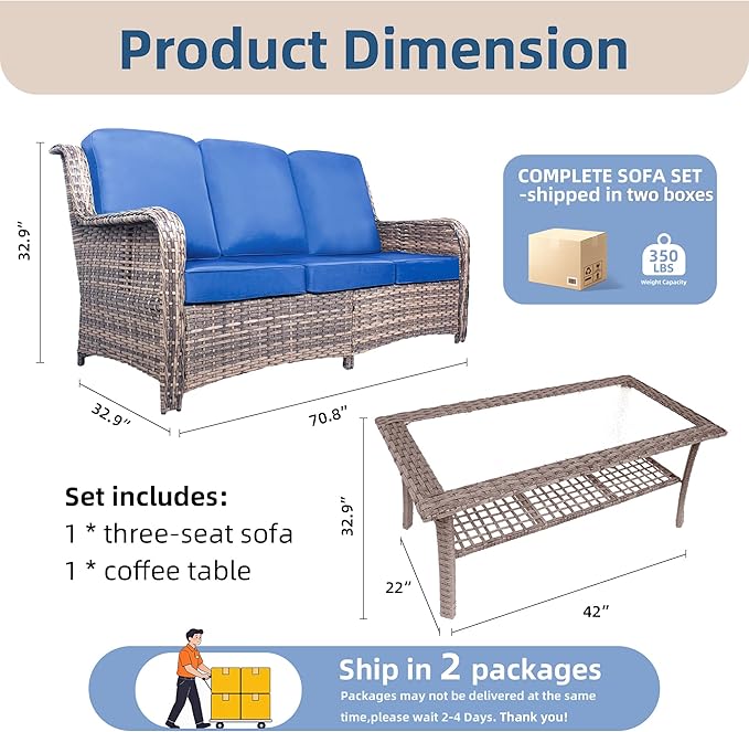 Outdoor Patio Couch, 3 Seater Outdoor Wicker Sofa with Coffee Table, High Back Rattan Couch with Extra Thick Cushions, 2 Pcs Outdoor Deep Seating Conversation Sets for Deck Yard and Poolside, Blue