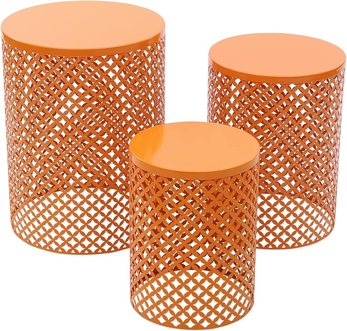 3 Piece Outdoor Coffee Table Side Table Set, Metal Round End Tables for Patio, Small Stackable Nesting Tables, Heavy Duty Decorative Accent Table Garden Stools for Balcony, Indoor Living Room (Orange)