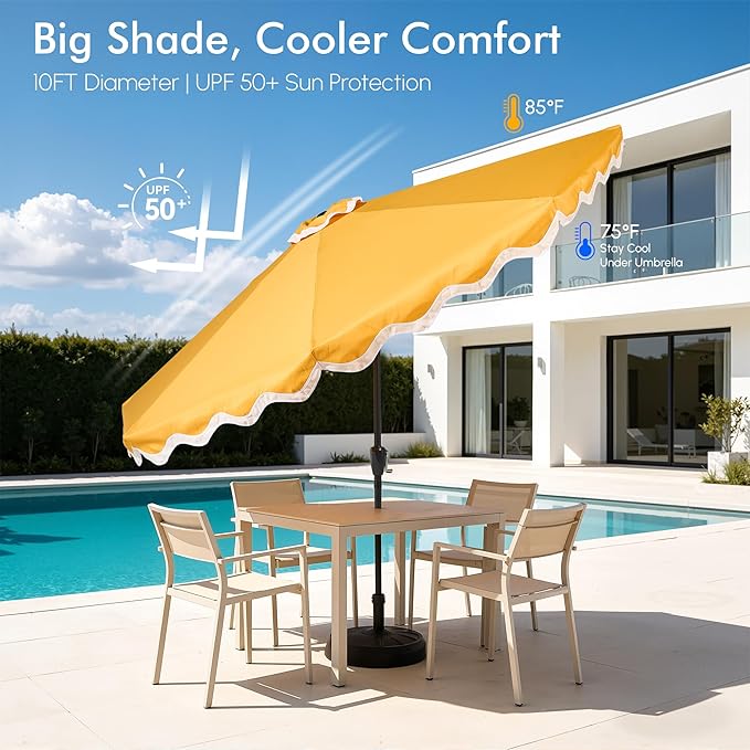 Weaxty 10FT Patio Umbrella, Trendy Color Scalloped Edge, UV-Resistant Canopy Outdoor Table Market Umbrella, Tilt Adjustment, Crank, Heavy-duty 8 Ribs for Backyard Poolside Deck Beach Lawn Backyard