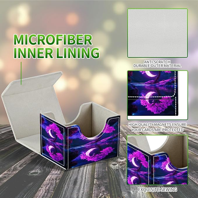 Card Deck Box for MTG, Cards Storage Box Fits 120+ Sleeved, Leather Small Size Strong Magnetic Closing Card Case for Board Games Magic TCG CCG Baseball Collection, Purple Moon Tree