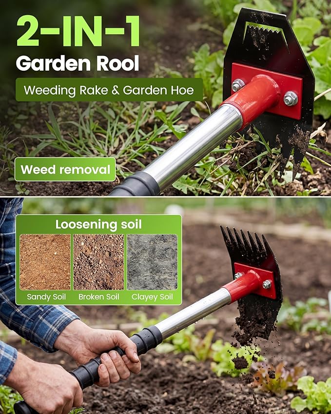 Weed Puller Tool with Long Handle, 2-in-1 Gardening Hand Tool Weeds Remover, 66-Inch Adjustable Handle, Manual Weeding Puller for Garden, Yard, Patio, Law