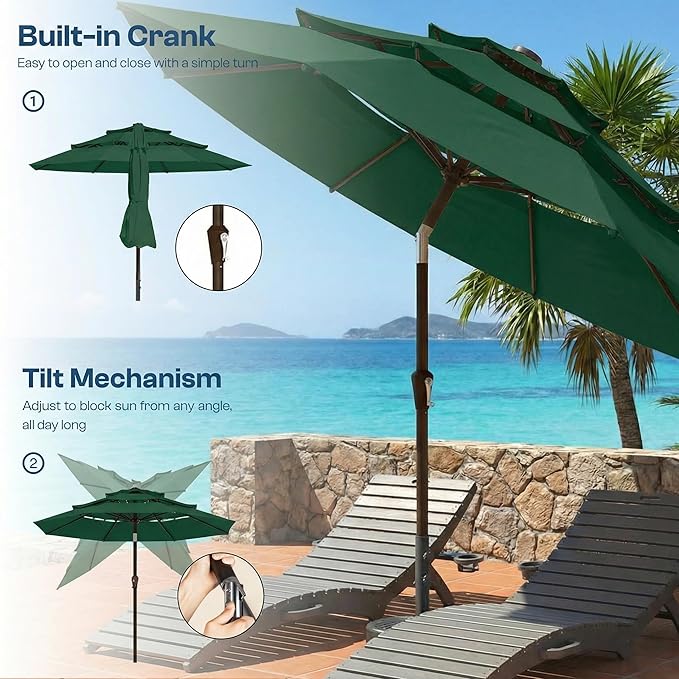 10ft Patio Umbrella, 3 Tier Outdoor Market Table Umbrellas with 8 Fiberglass Ribs and Push Button Tilt, Windproof, Vented Canopy, UV Protection for Deck, Pool, Backyard