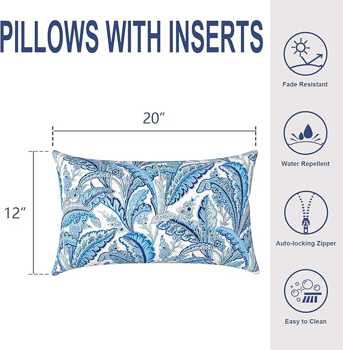 Outdoor Lumbar Pillows, Water Repellent Cushion Pillows 12x20 Inch, Outdoor Pillows with Inserts for Home Garden, Pack of 2, Monotone Leaves Blue