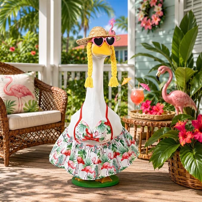 JcHrmers Bikini Goose Outfit Summer Flamingo Porch Goose Outfits Hawaiian Lawn Goose Clothes Fits 23" Cement Plastic Goose Statue for Summer Outdoor Garden Yard Patio Art Decor