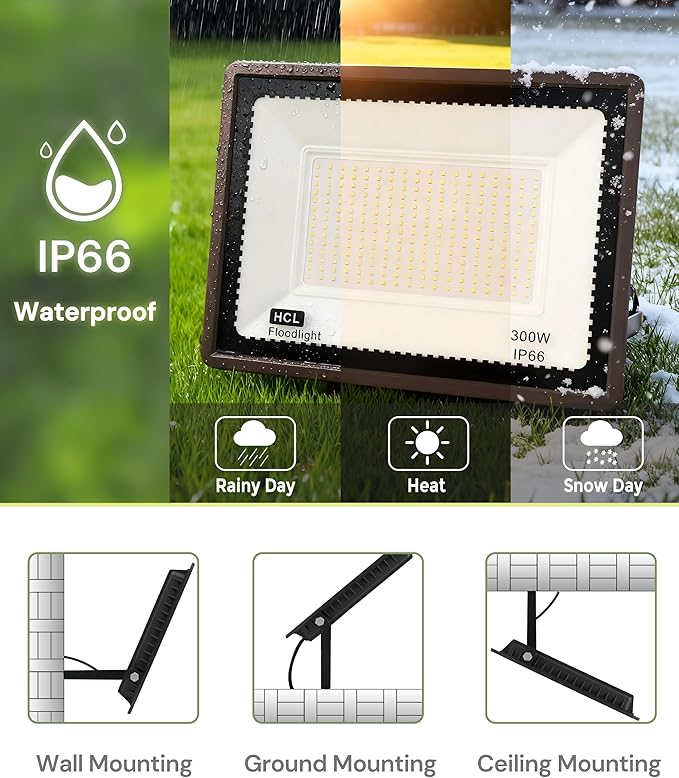 L LOHAS LED 300W Dusk to Dawn Flood Light, IP66 Waterproof Plug in Floodlights Outdoor, IP66 Waterproof 6000K Daylight Work Light, Security Lights for Yard, Garage, UL Listed, 2Pack