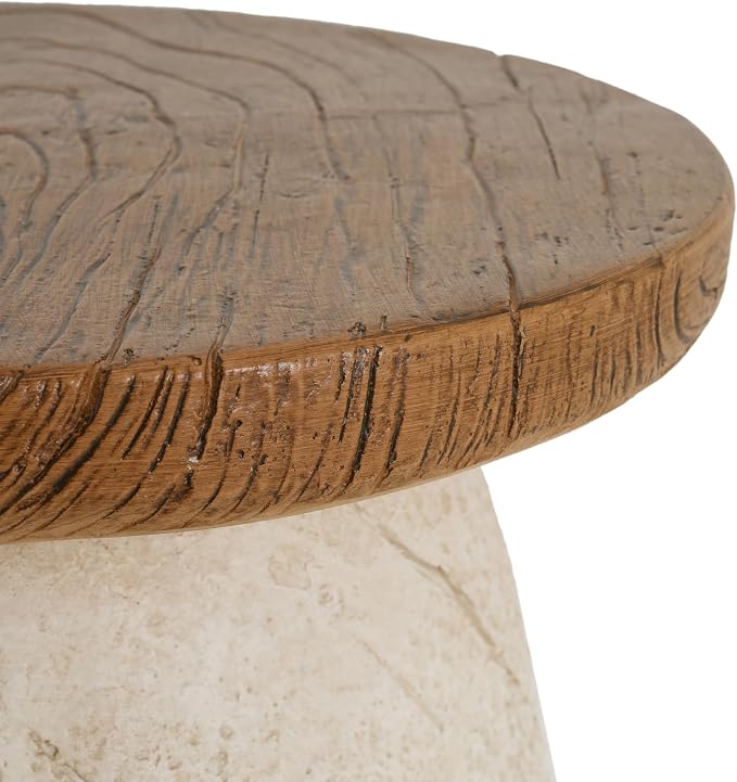 Merax Small Outdoor Patio Side Table, Modern MGO Round Accent End Table with Pear-Shaped Base & Faux Wood Grain Top, Beige Sculptural Finish, 19.3" Height Side Table for Poolish Garden Balcony