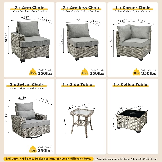 9 Pcs Outdoor Sectional Patio Furniture Set with Swivel Rocking Chairs - All Weather Wicker Modular Outside Sectional Couch,Patio Seating Outdoor Conversation Set for Deck Yard Garden,Dark Grey