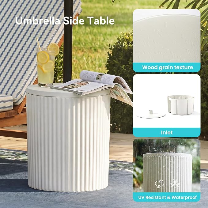 COSIEST Outdoor Side Table with Umbrella Hole,Patio Umbrella Stand Fits 1.5"-1.9" Pole,Durable Umbrella Side Table for Garden, Deck & Pool,Easy Assembly,White