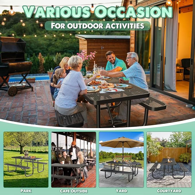 6FT Rectangular Outdoor Picnic Table and 2 Benches Set with Umbrella Hole, Metal Expanded Commercial Steel Heavy Duty Sturdy Picnic Tables Furniture Set for Yard Patio Lawn Party Coffee, Black