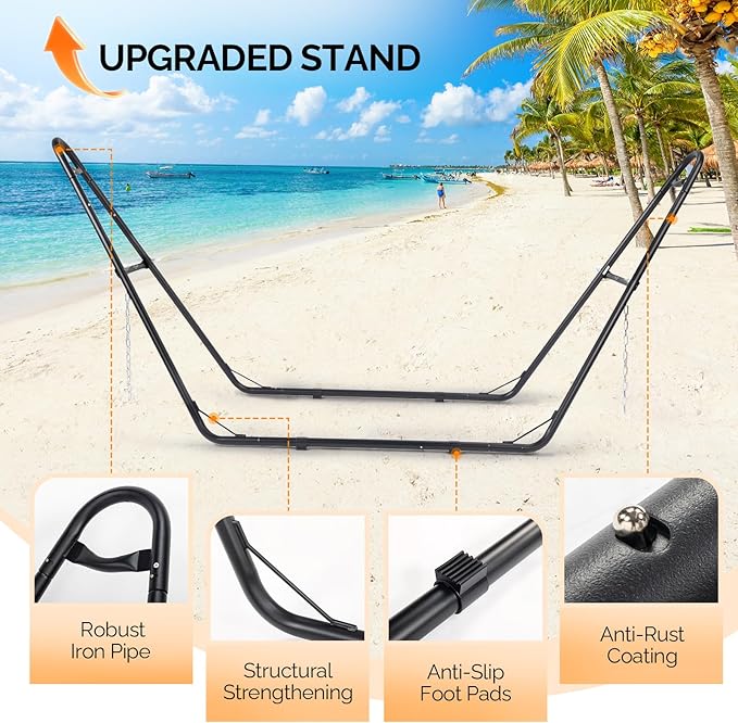 ONCLOUD Double Hammock with Stand for Outside, Rope Hammock with Pillow and Pad, Heavy Duty Hammock Set for Backyard, 550 LBS (White)