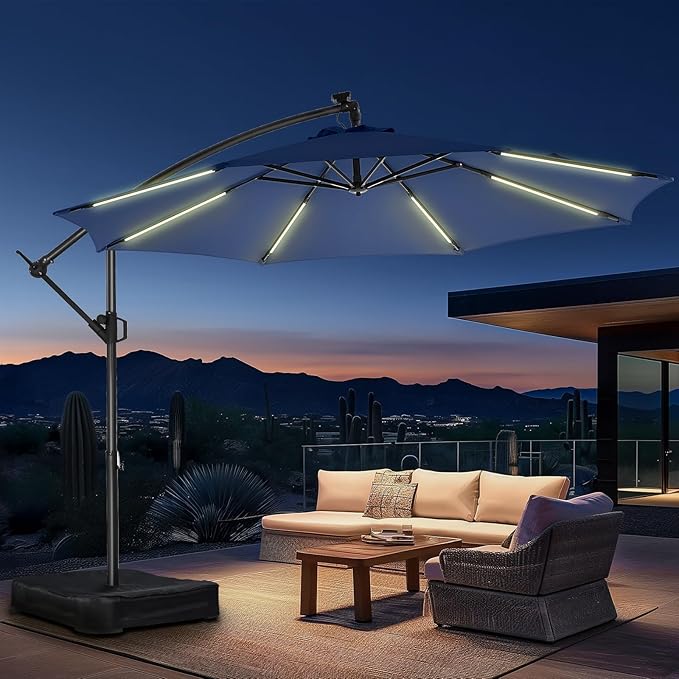HOMSHADE 10ft Solar Lights Offset Cantilever Patio Umbrella - with Light and Base, LED Lighted Offset Hanging Patio Outdoor Market Umbrella UPF50+ UV Protection with Easy Tilt and Crank (Navy Blue)