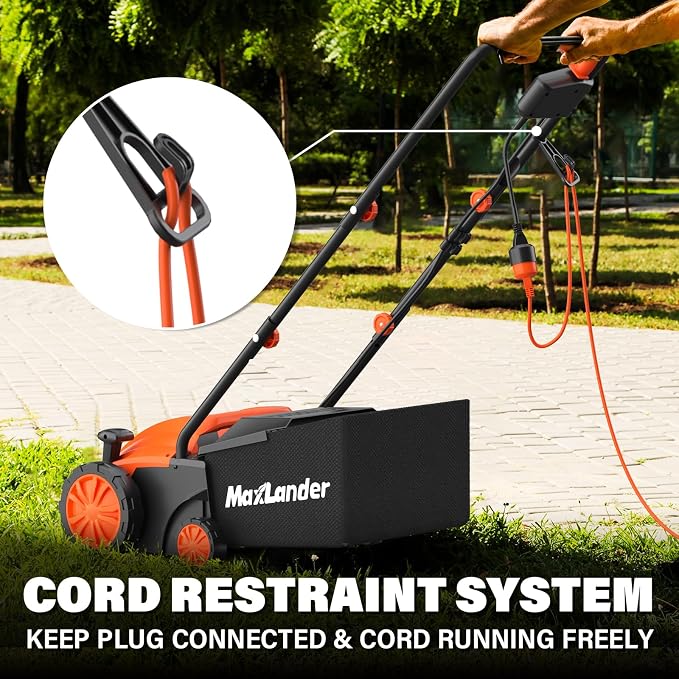 MAXLANDER 13 Inch 12 Amp Electric Dethatcher and Scarifier, 2-in-1 Lawn Dethatcher with 4-Position Depth Adjustment, 30L Removable Collection Bag, Airboost Technology Increases Lawn Health