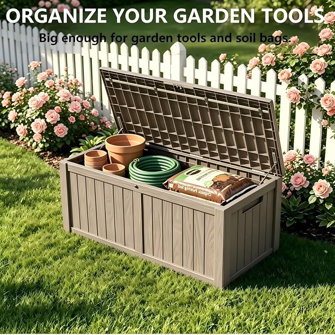 150 Gallon Resin Outdoor Storage Box for Garden Tools, Pool Supplies & Patio Cushions – Waterproof & UV-Resistant, Durable Material – Lockable (Brown)