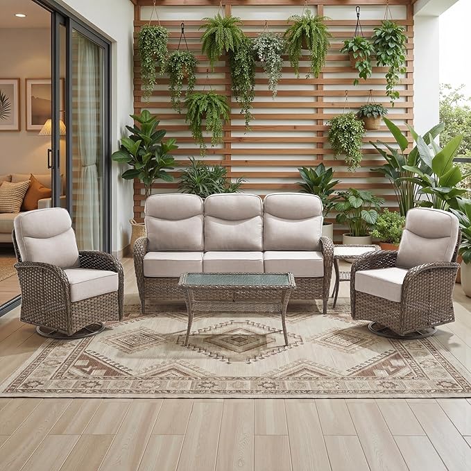 Luxury 6-Inch Cushion Patio Furniture Set, High Back Outdoor Swivel Rocker Patio Chairs with Outdoor Couch, Outdoor Wicker Conversation for Deck Porch Garden Balcony Poolside Beige Cushion