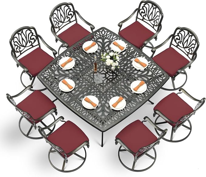 VIVIJASON 9-Piece Outdoor Furniture Dining Set for 8, All-Weather Cast Aluminum Patio Table and Chairs Set with 8 Swivel Rocker Chairs, 64" Large Square Dining Table with 2.2" Umbrella Hole, Red