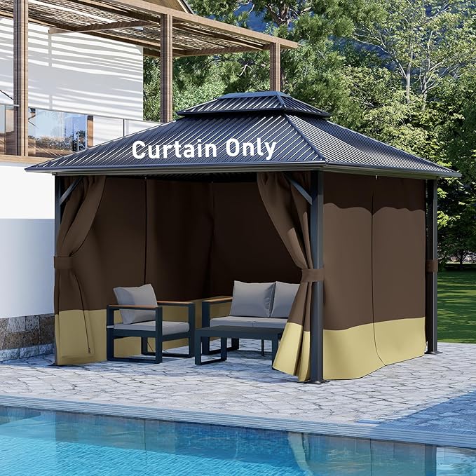 Aoodor 10x13 ft Outdoor Gazebo Curtains, 4 Panels Waterproof Privacy Sidewall Replacement with Zipper for Patio Pergola and Canopy, Brown and Khaki