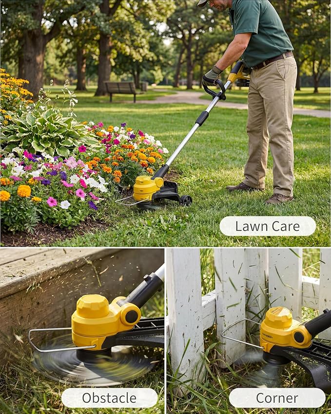 IDEALHOUSE 20V Cordless String Trimmer/Edger, 2-in-1 Weed Trimmer with Guide Wheel for Clean Edges, 12" Cutting Swath, Adjustable Length, Includes 8 Spools, Black & Yellow