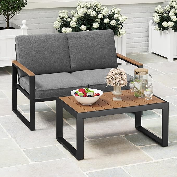Tangkula 2 Piece Patio Aluminum Furniture Set, Outdoor Cushioned Loveseat with Coffee Table Set, with Wood-Plastic Armrests & Tabletop, for Balcony, Backyard, Poolside