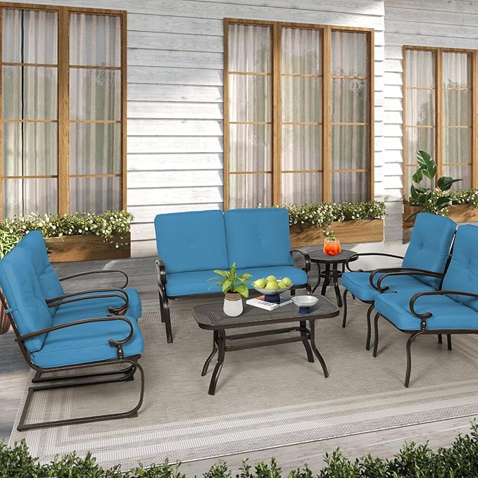Oakcloud 7Pcs Metal Outdoor Furniture Patio Conversation Set (Loveseat, Coffee Table and Bistro Table, 2 Spring Chair, 2 Dining Chair) -Wrought Iron Patio Chair Set with Cushions (Blue)