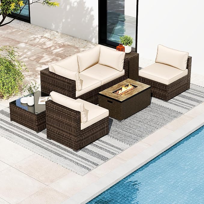 Tangkula 7 Pieces Outdoor Sectional Sofa Set Set with 32” Fire Pit Table and Propane Tank Cover, for Deck, Garden and Backyard, Fire Pit Protective Cover Included (Off White)