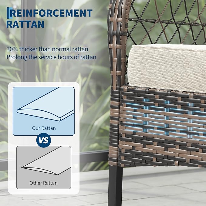 GarveeHome 3-Piece Outdoor Rocking Chair Set, Wicker Rattan Patio Furniture with Glass-Top Coffee Table, Modern Conversation Seating with Cushions for Porch, Backyard (Brown Rattan & Beige Cushion)
