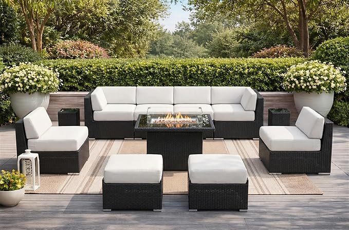 Fully Assembled 11 Piece Outdoor Patio Furniture with 6-inch Waterproof Rainshield Cushions, Oversized Seats and 42-inch Fire Table