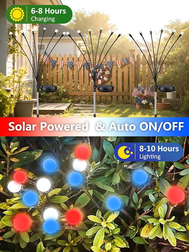 Upgraded 8 Pack Red White and Blue Solar Firefly Lights, 4th of July Solar Lights Patriotic Garden Lights Waterproof for 250th Anniversary National Day, Independence Day, Yard, Patio, Lawn Decorations