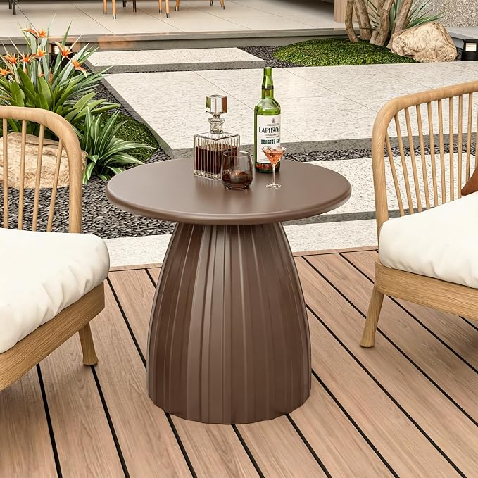 Round Metal Outdoor Patio Side Table, Steel Outdoor Accent Table, Small Patio End Table, for Garden, Pool, Yard, Balcony, Living Room, Deck, Weather Resistant, No Assembly, Brown