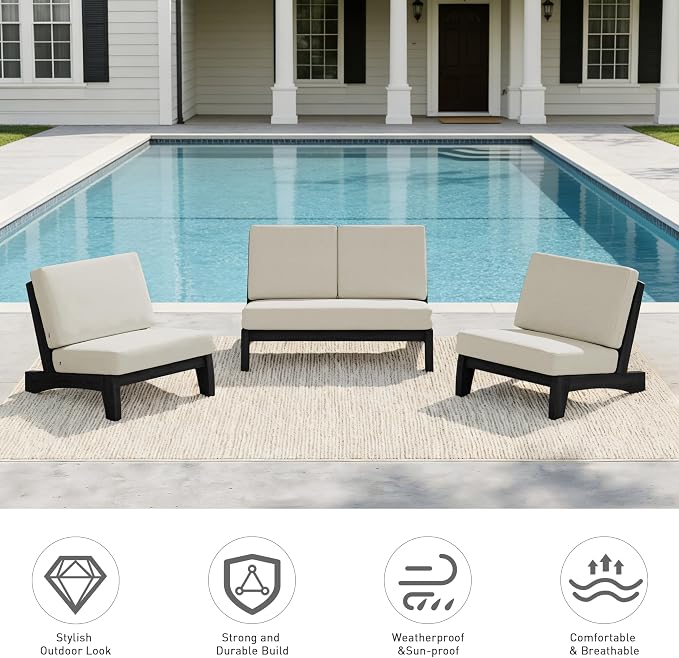Pia Ricoo 4 Piece Patio Furniture Sets, Outdoor Loveseat Sofa Set with 2 Chairs & Coffee Table, Patio Conversation Set for Backyard, Deck, Lawn, Light Camel, Dark Wood