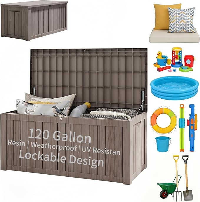 120 Gal Waterproof Outdoor Storage Deck Box, UV-Resistant & Lock Lid Resin | Heavy-Duty Large Patio Outside Cushions for Garden Tools,Pool Accessories,Package Delivery,Chest,Toys,Furniture