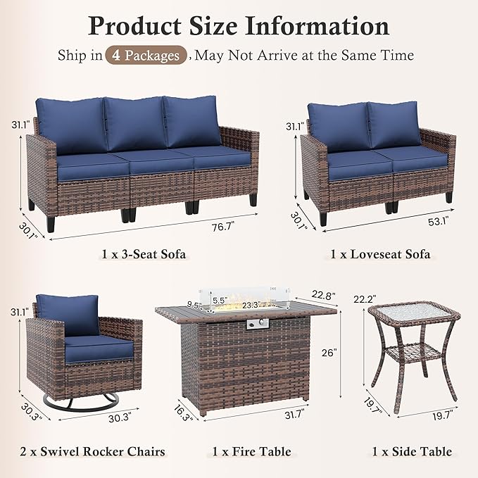 Amopatio Patio Furniture Set, 6-Piece Wicker Outdoor Sectional Sofa with Swivel Rocker Chairs, All-Weather Rattan Conversation Set with Fire Pit Table and Waterproof Cover for Backyard Brown/Navy