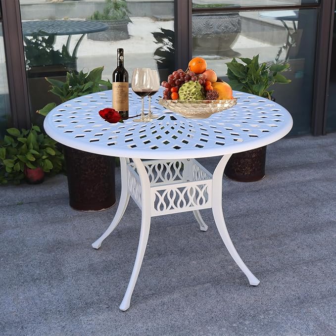 42" Outdoor Dining Table, Round Patio Tables with Umbrella Hole, Cast Aluminum Garden Table Outdoor Furniture Table (White)
