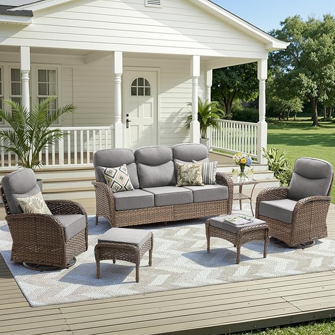 Luxury Outdoor Patio Furniture Set with 6-Inch Thick Cushions, 6 Pieces All-Weather Wicker Outdoor Furniture with Outdoor Rocking Chair, Outdoor Patio Conversation Sets for Garden Porch Deck, Grey