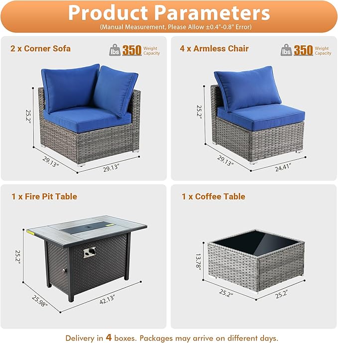 8 PCS Outdoor Patio Furniture Sets with 42'' Fire Pit Table,Wicker Weather Resistant Patio Conversation Set with Comfy Cushions,Modular L Shaped Sofa with Coffee Table for Yard,Navy Blue