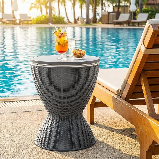 LDAILY Outdoor Cooler Bar Table, 8 Gallon Outdoor Patio Cooler Table with Rattan Style Patio, Drain Plug, Adjustable Height, All-Weather Ice Bucket for Poolside, Beer and Wine Cooler(Grey)