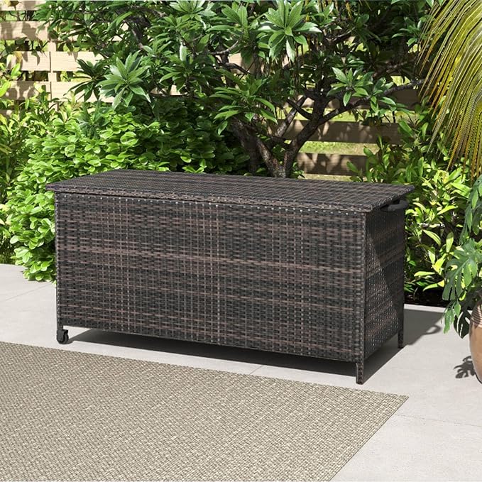 TANGZON 320L Garden Deck Box, Patio Cabinet Container with Polyester Liner, Universal Wheels & Gas Strut, Indoor Outdoor Storage Box for Pillows, Cushions & Tools (with Regularly-Woven Rattan, Brown)