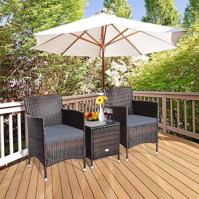 HAPPYGRILL 3-Pieces Patio Furniture Set Outdoor Wicker Rattan Conversation Set with Coffee Table Chairs & Thick Cushions Bistro Sets for Patio Garden Lawn Backyard Pool