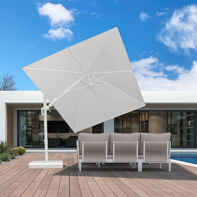 PURPLE LEAF 8' X 11.5' Right-left Tilt White Cantilever Umbrella with Base Patio Outdoor Swivel Umbrellas with Aluminum Tilt Offset Umbrella with 360° Rotation for Deck Pool, White