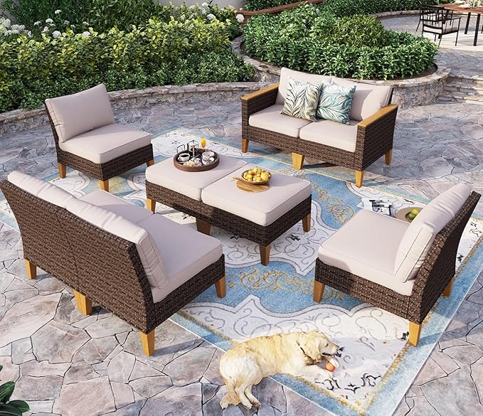 Sophia & William Large Outdoor Patio Furniture Set High Back 8 Piece All-Weather Wicker Sectional Sofa Set Patio Conversation Set Couch with Ottomans,Clips & 4" Thick Cushions, Beige