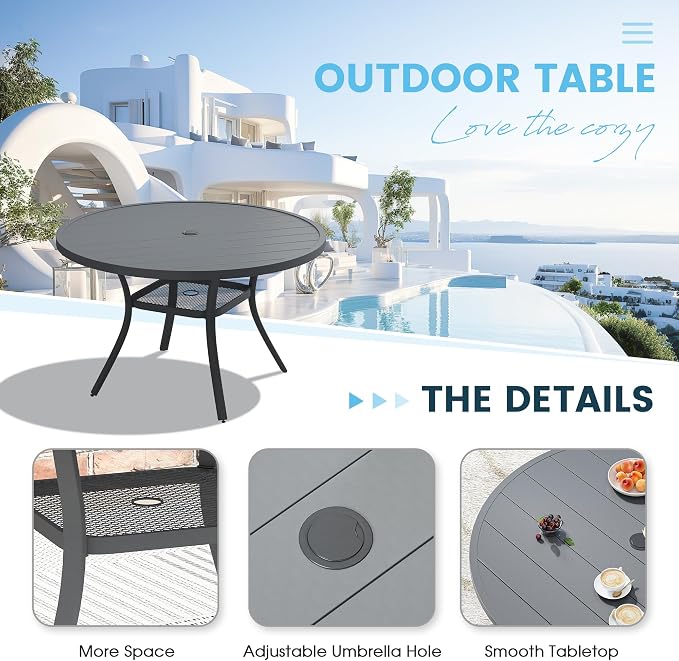 Patio Dining Table for 4-6, Round Metal Outdoor Table with 1.57" Umbrella Hole, 47" Outdoor Slat Tabletop Dining Table for Backyard, Porch, Lawn, Dark Grey