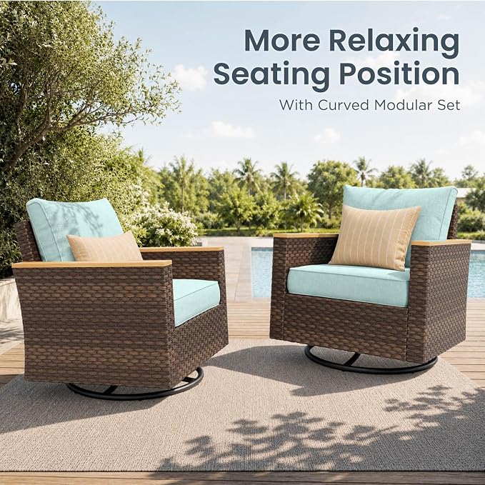 PHI VILLA Wicker Patio Furniture Set with Swivel Chairs, Rattan Sectional Outdoor Couch with Deep Seating for Poolside, Backyard, 2 x Swivel Patio Sofa, Aqua Blue Color