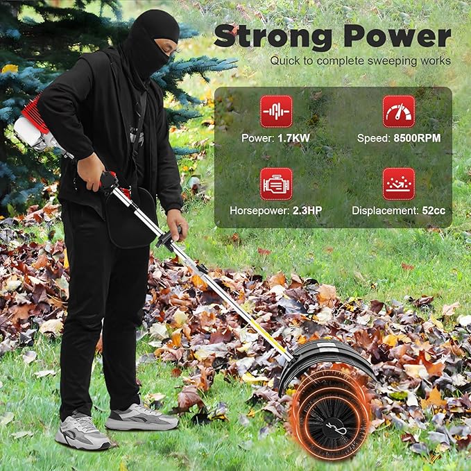 Gas Handheld Sweeper 52cc, 2 Stroke 2.3HP Engine Power Snow Sweeping Broom, 20.47in Wide Turf Lawns Artificial Grass Power Brush Lawn Sweeper Cleaner Tools with Blow Function