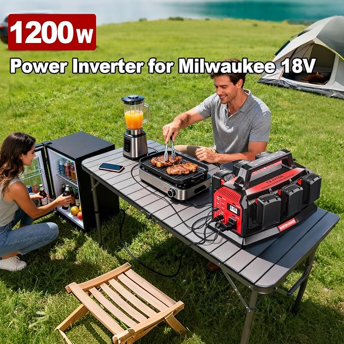 1200W Power Inverter & 6A Rapid Charger for Milwaukee 18V Battery 6-Port DC to AC 110V Converter, 12V Car Socket,3 USB-A/C, LED Light for Camping, Travel, Emergencies