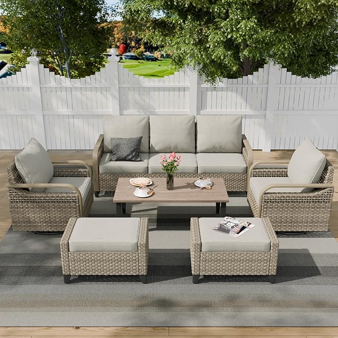 COOS BAY Modern Wicker Outdoor Furniture Set, 6 Piece Patio Conversation Set with 2 Swivel Rockers, a 3 Seat Couch, 2 Ottomans and Coffee Table, 6 Piece, Brown/Gray