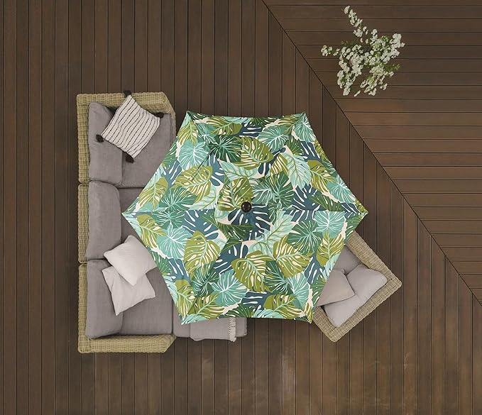 7.5 Foot Round Patio Umbrella with Palm Leaf Pattern, Push-Up Opening Mechanism and 3-Position Angle Tilt, Outdoor Market Umbrella for Garden Deck or Café, Lightweight Portable Sun Shade