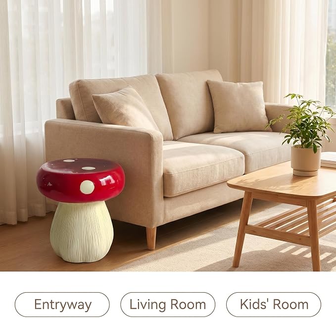Large Mushroom Statue Stool – 13.4" Resin Garden Sculpture with Forest Base, Red Art Deco Outdoor Decor for Lawn Patio Courtyard, Weatherproof Decorative Stool, Unique Garden Gift
