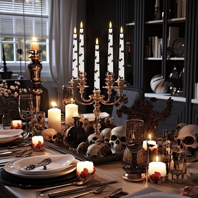 Halloween Taper Candles with Bats, 9.6”Real Wax Flameless Taper Candles with Remote & Timer, 3 Pack Battery Operated Halloween Led Candlesticks for Party Home Decor