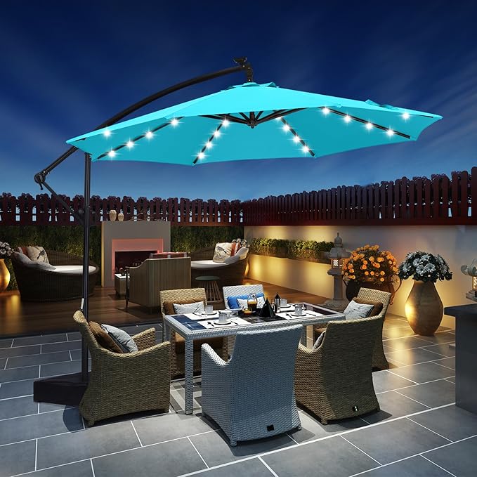 ABCCANOPY 10FT LED Patio Umbrellas Cantilever Umbrella with base, 360° Rotation Outdoor Lighted Offset Umbrella Bonus Fix Frame & Weights Bag for Backyard, Deck, Poolside (Turquoise)