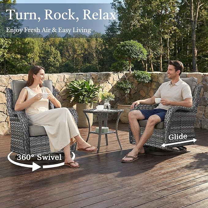Outdoor Swivel Rocker Patio Chairs with Side Table 3 Pieces PE Wicker Patio Furniture Set for Porch Deck Balcony Garden-Grey/Grey